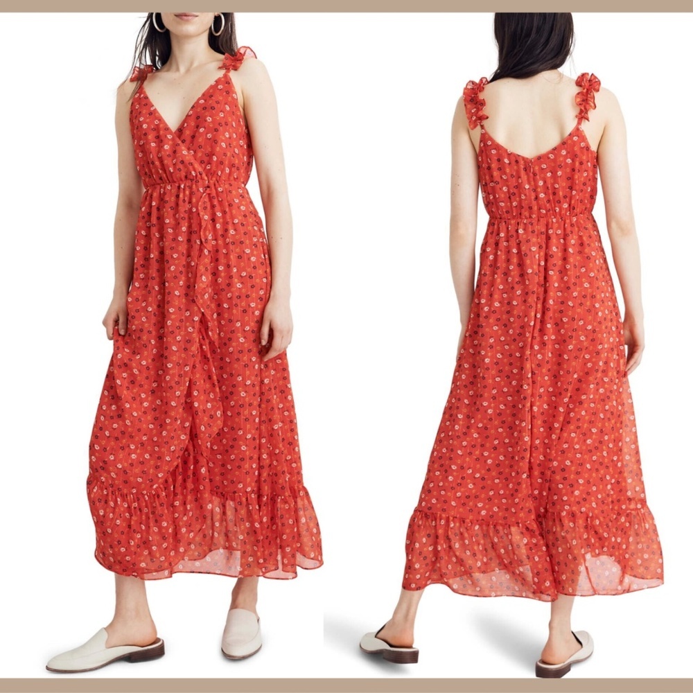 NEW $158 Madewell Prairie Posies Ruffle Strap Faux Wrap Dress [SZ 8 ]‎